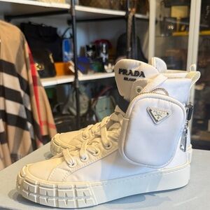 Prada Cream High-Top Sneakers with Detachable Pouch